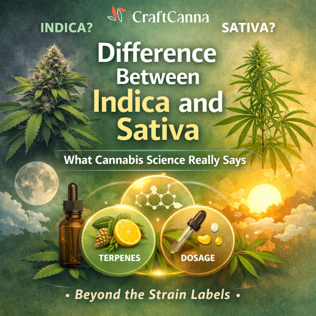 Digital illustration comparing indica and sativa cannabis plants, emphasizing terpenes, cannabinoids, and dosage as the real drivers of effects beyond strain labels.