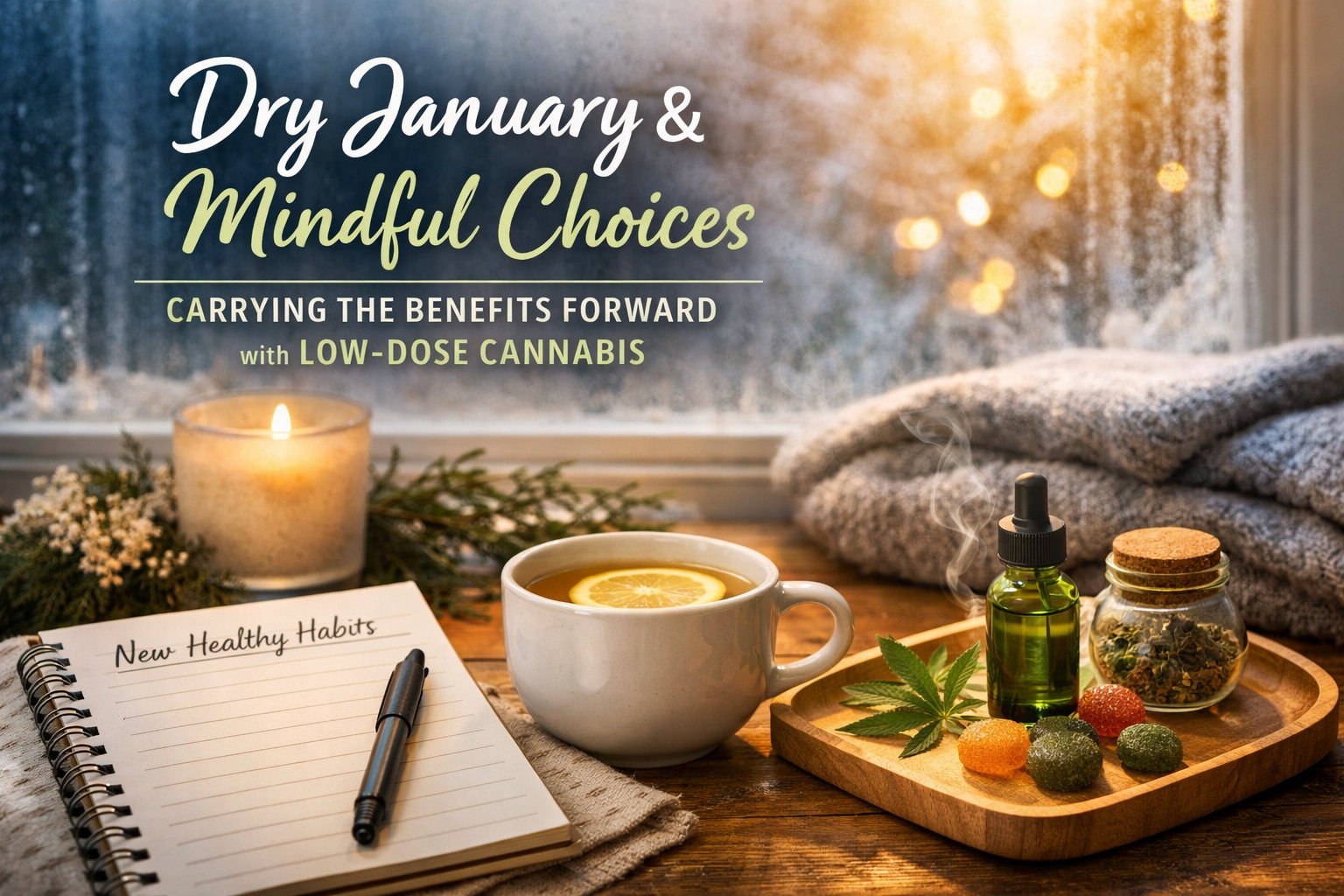Cozy winter wellness scene with herbal tea, a journal labeled “New Healthy Habits,” and low-dose cannabis products, representing mindful choices and carrying Dry January benefits forward.