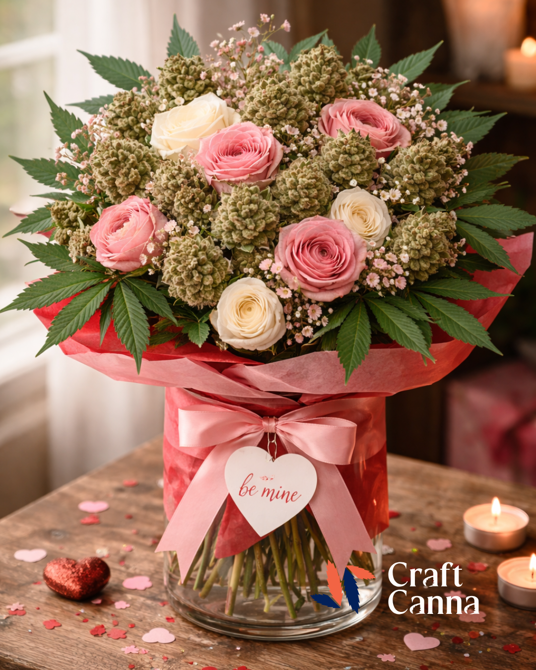 Valentine’s Day bouquet in a glass vase wrapped in red and pink paper, featuring pink and white roses mixed equally with cannabis buds and cannabis leaves, tied with a bow and heart-shaped “be mine” note on a wooden table with heart confetti near a window.